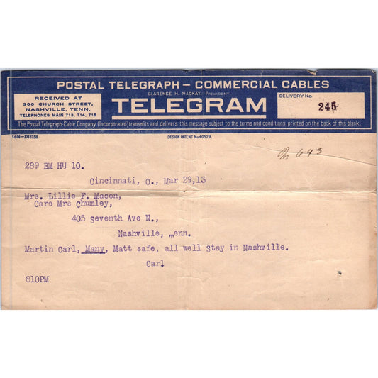 1913 Western Union Telegram Lillie F. Mason Cincinnati Ohio AE6