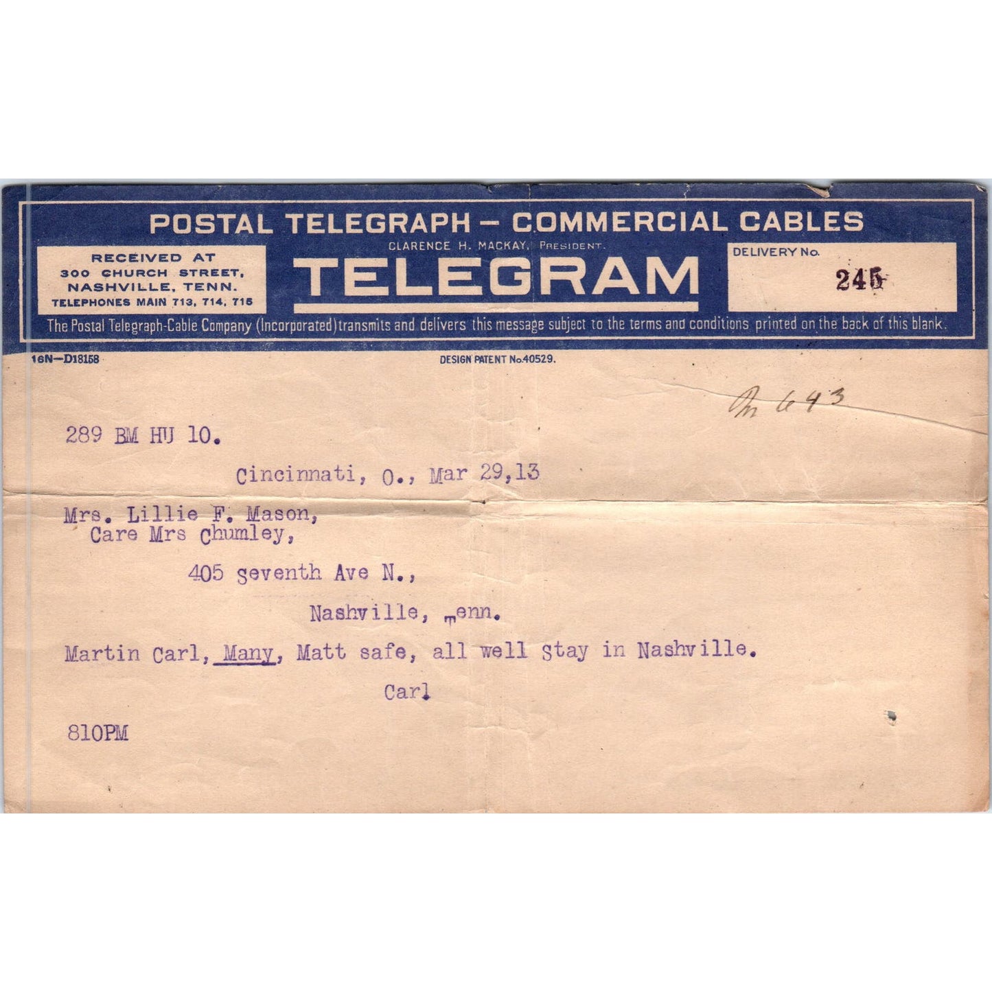 1913 Postal Telegraph Telegram Lillie F. Mason Cincinnati Ohio AE6