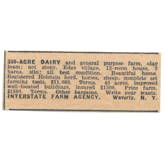 Interstate Farm Agency Dairy Farm Waverly NY 1922 Magazine Ad AF2-T5