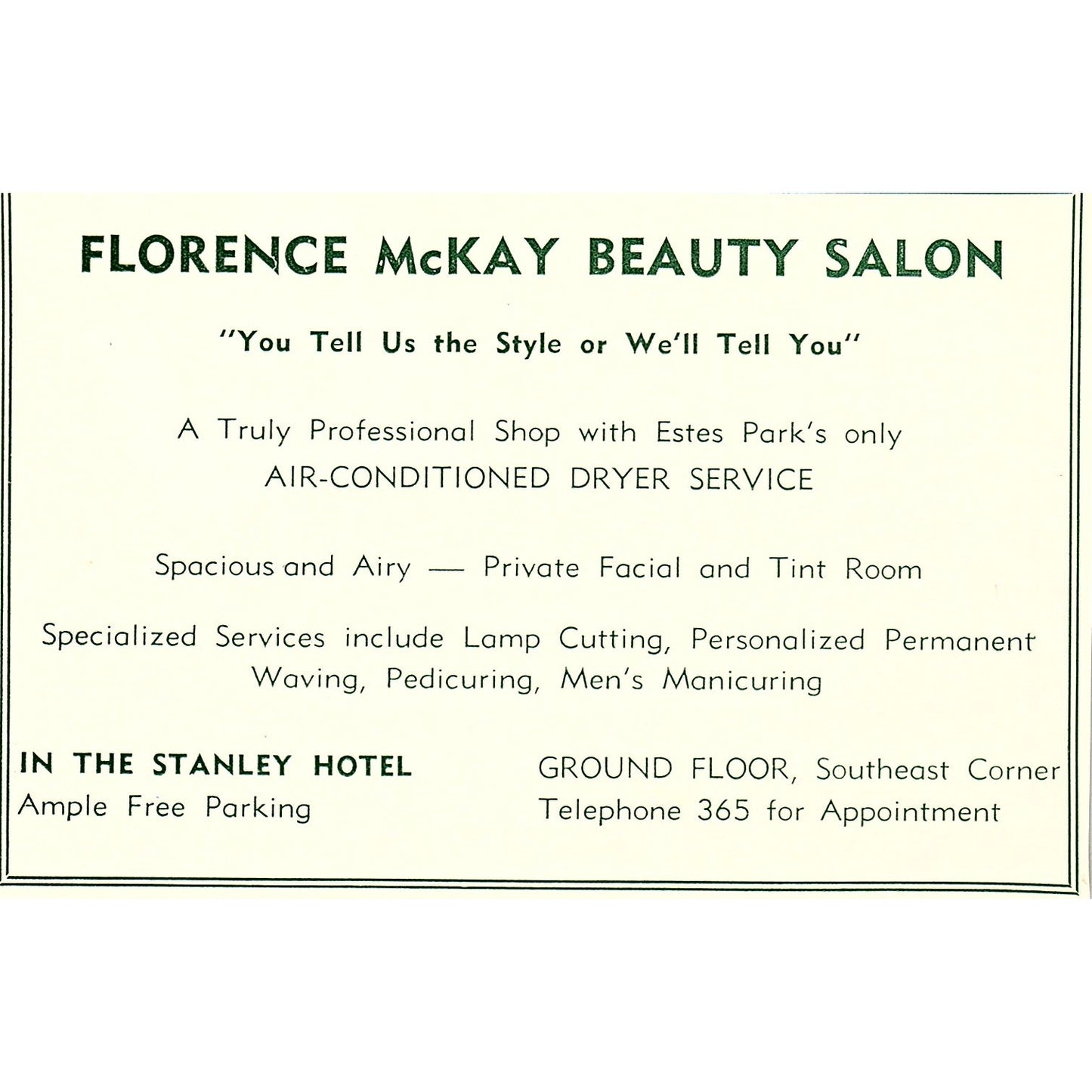 Florence McKay Beauty Salon in the Stanley Hotel 1957 Estes Park CO Ad AG4-H1