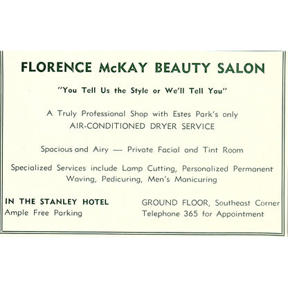 Florence McKay Beauty Salon in the Stanley Hotel 1957 Estes Park CO Ad AG4-H1