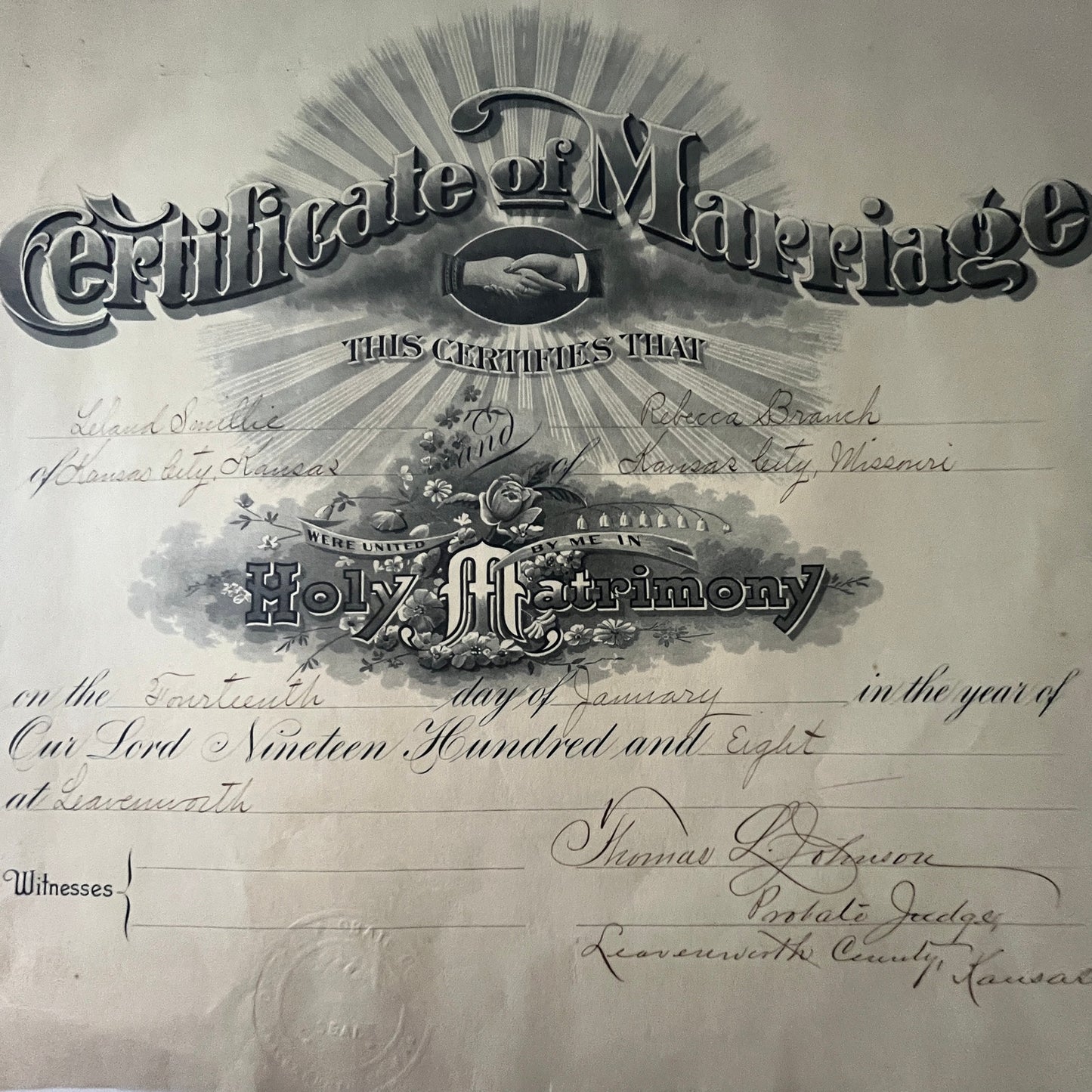1908 Leland Smillie & Rebecca Branch Kansas City MO Marriage Certificate V36-2
