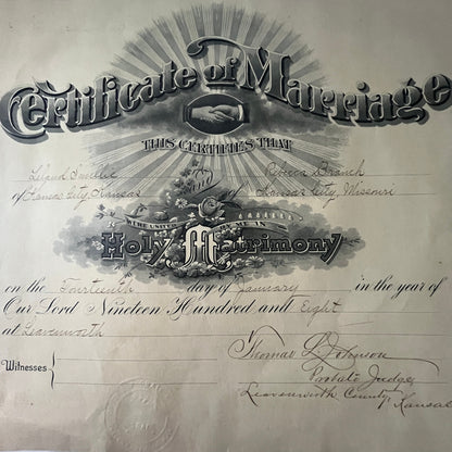 1908 Leland Smillie & Rebecca Branch Kansas City MO Marriage Certificate V36-2