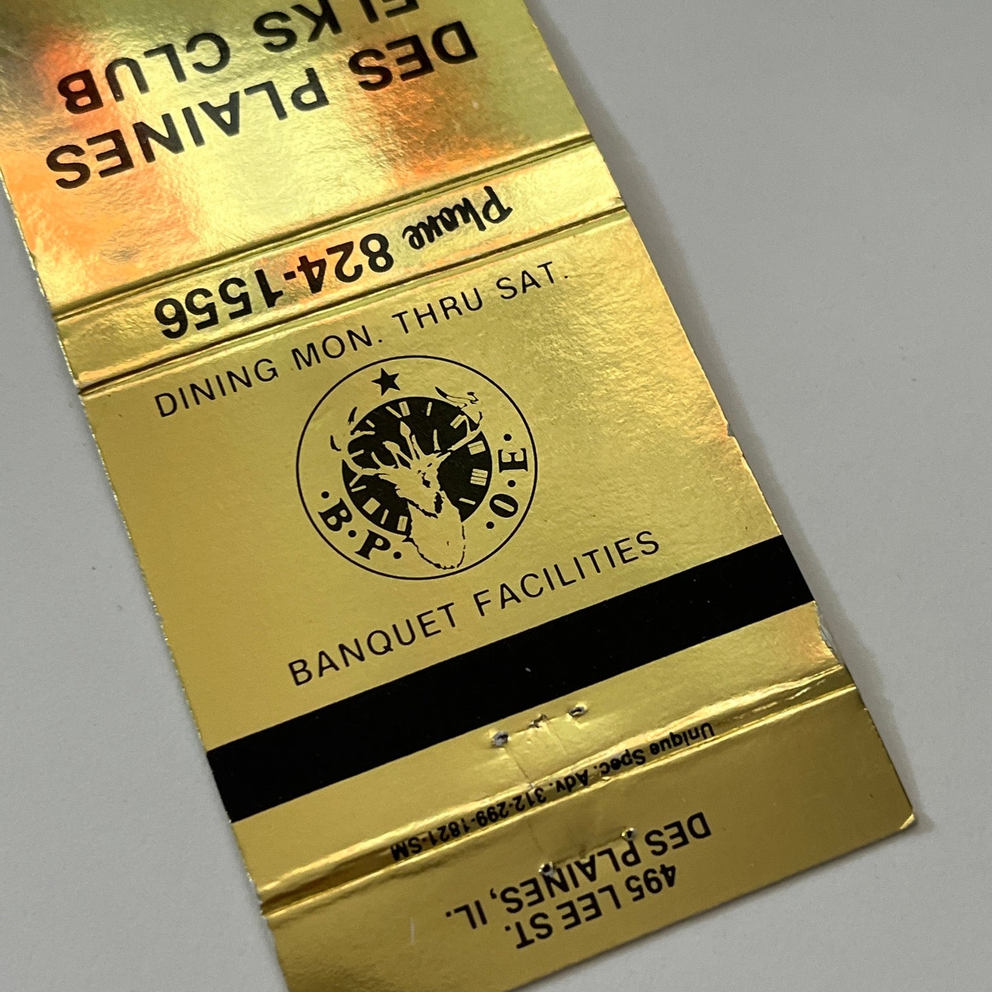 BPOE Des Plaines Elks Club IL Vintage Matchbook Cover TB6-MB1-14