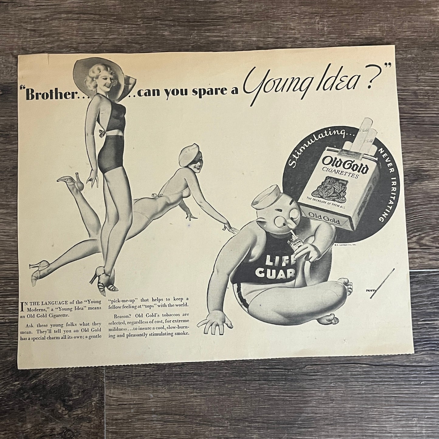 Old Gold - Dopey Lifeguard Cartoon Minneapolis 1935 Newspaper Ad V1-9