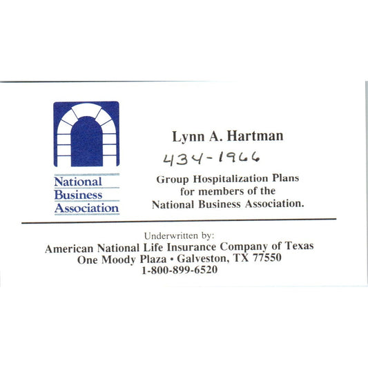 Lynn A Hartman National Business Association Galveston Vtg Business Card SD8-B19