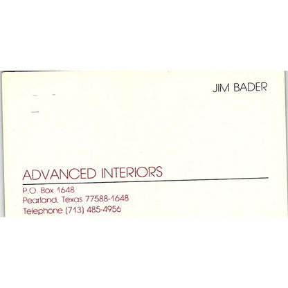Jim Bader Advanced Interiors Pearland TX Vintage Business Card SD9-B13