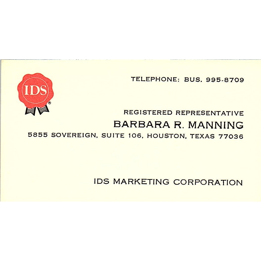 IDS Marketing Corporation Barbara R. Manning Houston TX Business Card SF3-B4