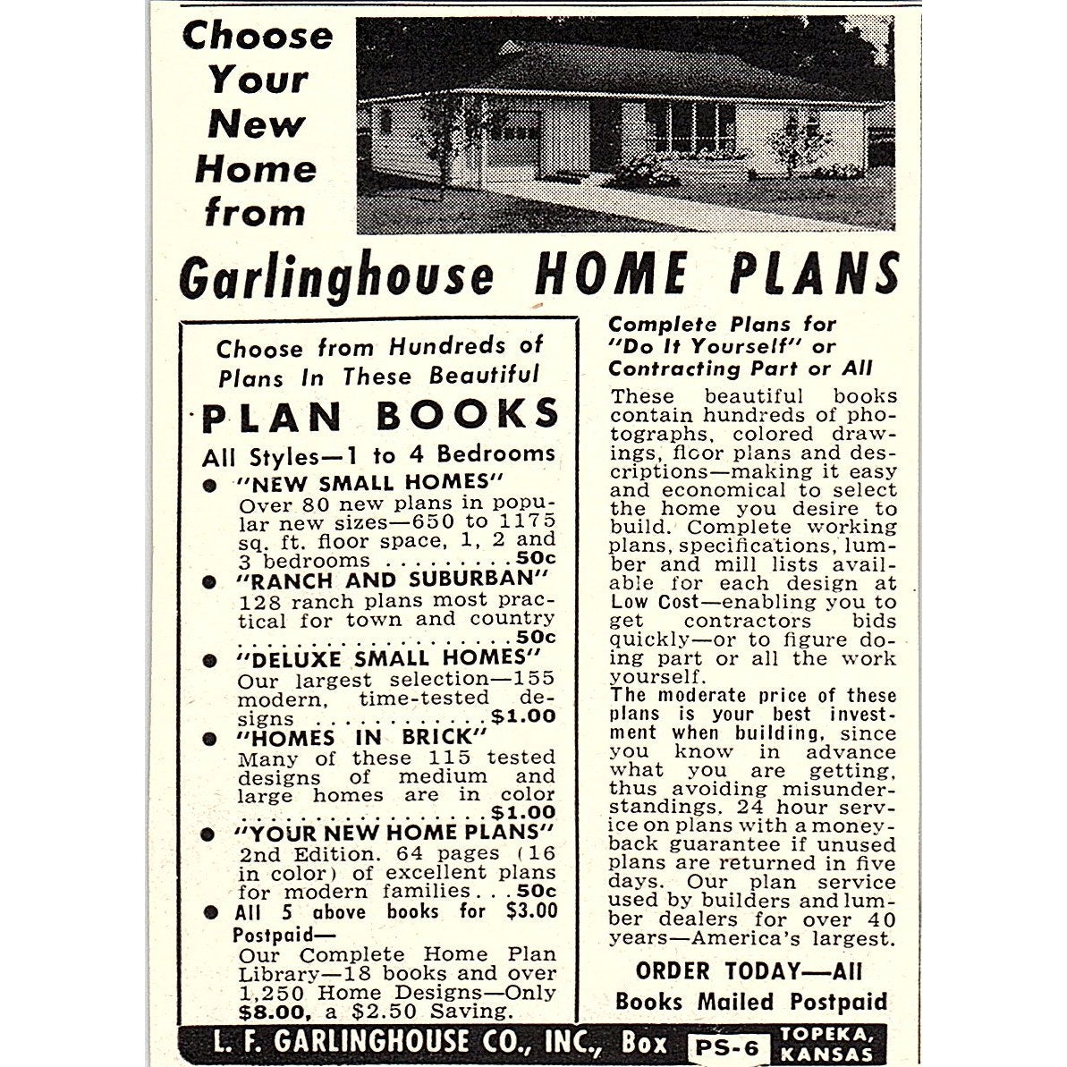 L.F. Garlinghouse Co Home Plans Topeka Kansas 1955 Ad AF9-M1
