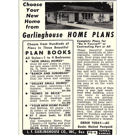 L.F. Garlinghouse Co Home Plans Topeka Kansas 1955 Ad AF9-M1