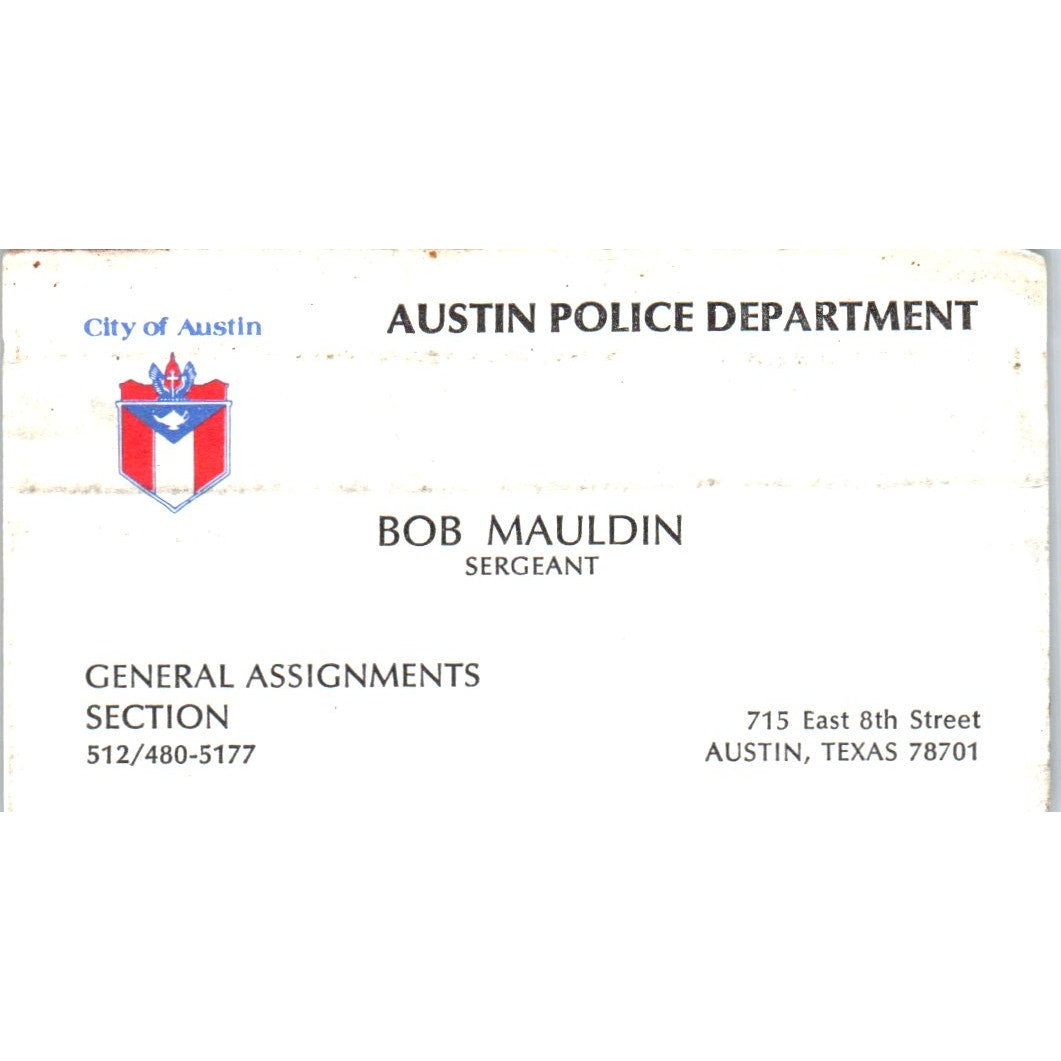 Austin Police Department Sgt Bob Mauldin Austin TX Vintage Business Card SD4-B2