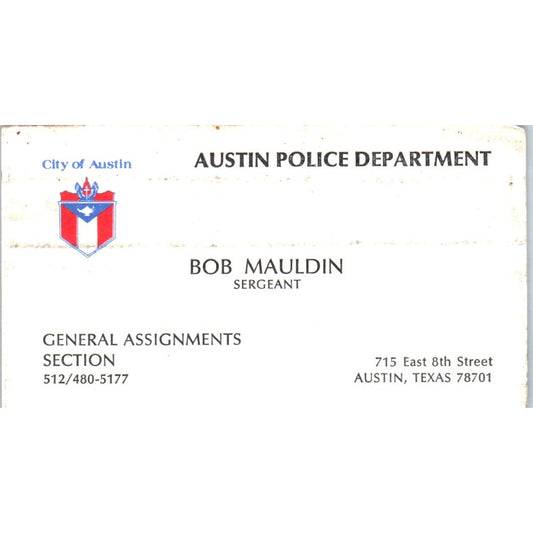 Austin Police Department Sgt Bob Mauldin Austin TX Vintage Business Card SD4-B2