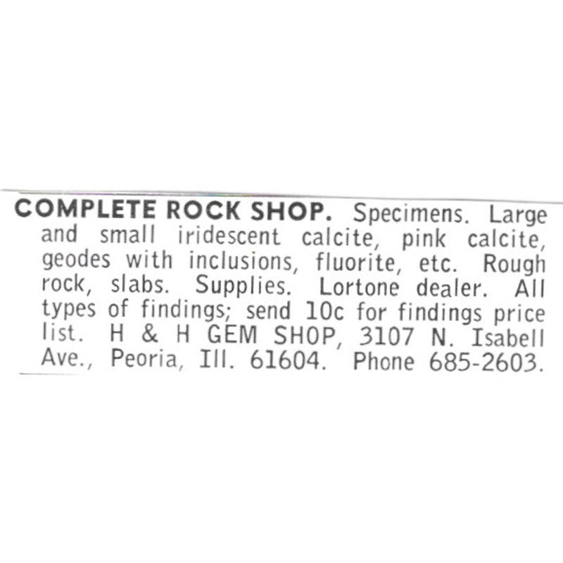 H&H Gem Shop Lapidary Specimens Peoria Illinois 1972 Ad AF8-S25
