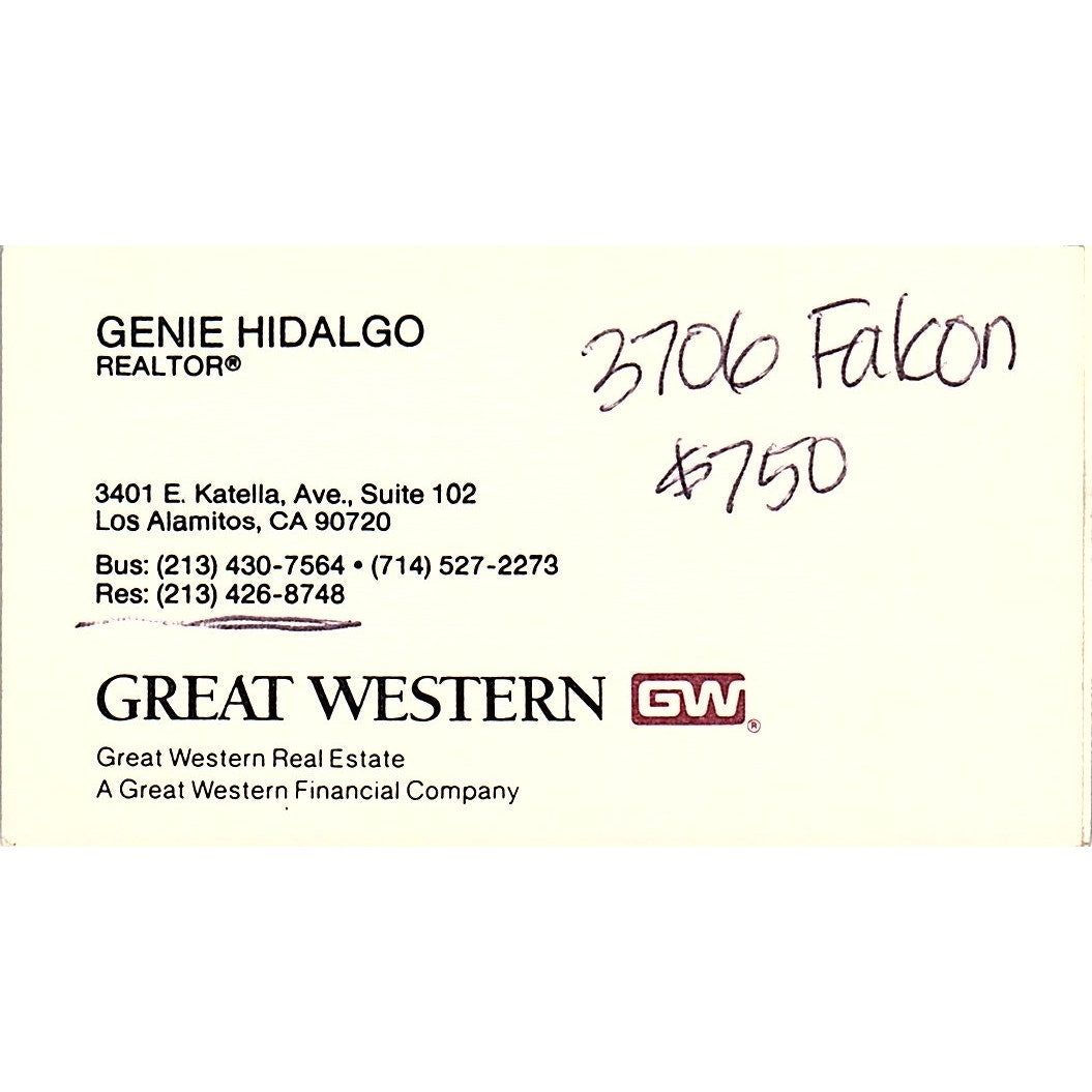 Gene Hidalgo Realtor Great Western Real Estate Los Alamitos Business Card SC9-B5