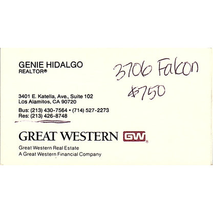 Gene Hidalgo Realtor Great Western Real Estate Los Alamitos Business Card SC9-B5