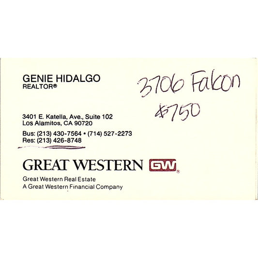 Gene Hidalgo Realtor Great Western Real Estate Los Alamitos Business Card SC9-B5