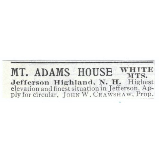 Mt. Adams House Jefferson Highland John W. Crawshaw c1918 Advertisement AE5-SV4