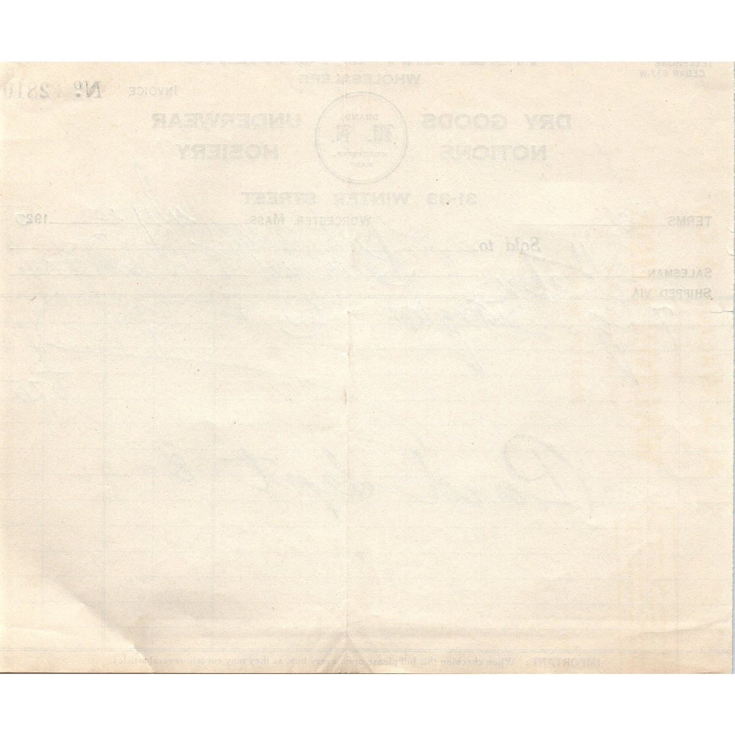 Wolpert Brothers Dry Goods Worcester MA 1925 Original Billhead Receipt D8-LL