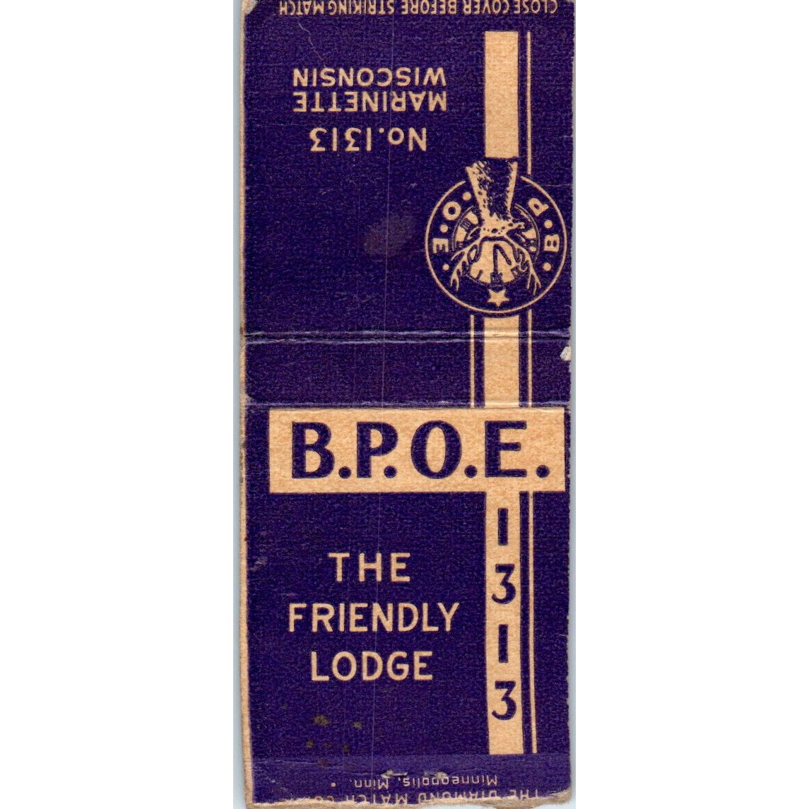 B.P.O.E. No. 1313 Lodge Marinette WI Vintage Matchbook Cover SF4-Y8