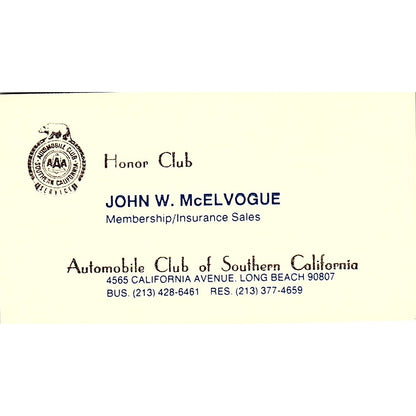 John W McElvogue Automobile Club of Southern CA Long Beach Business Card SE3-B15