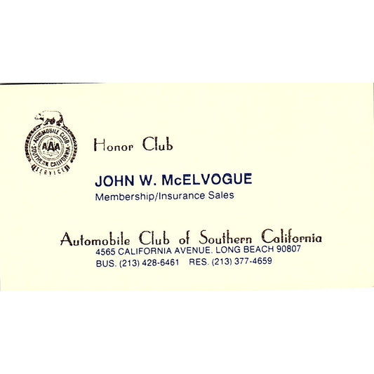 John W McElvogue Automobile Club of Southern CA Long Beach Business Card SE3-B15