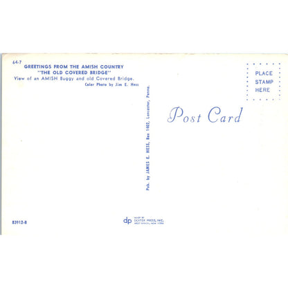 Amish Buggy & Old Covered Bridge Pennsylvania Dutch Country Postcard PD7