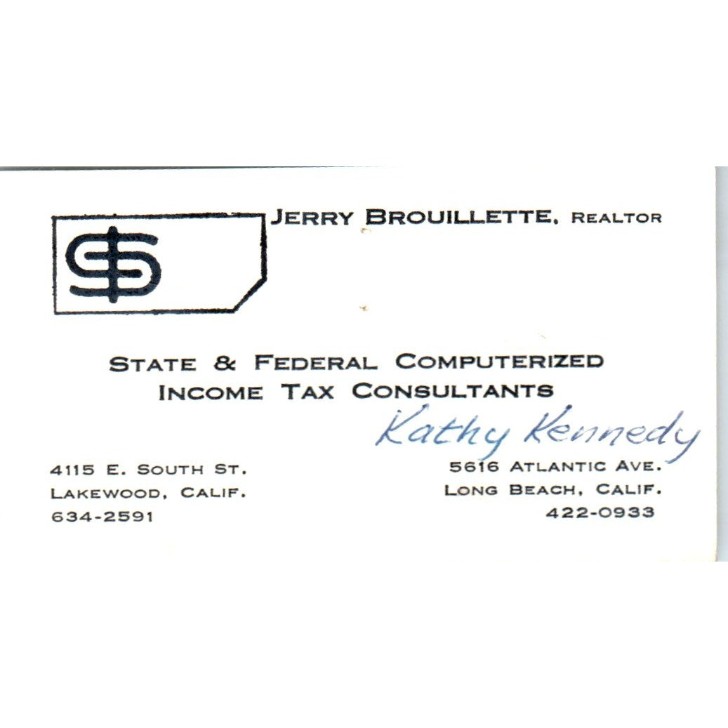 Jerry Brouillette Realtor Kathy Kennedy Long Beach Vintage Business Card SD8-B9