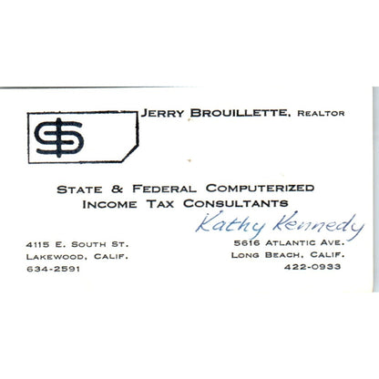 Jerry Brouillette Realtor Kathy Kennedy Long Beach Vintage Business Card SD8-B9