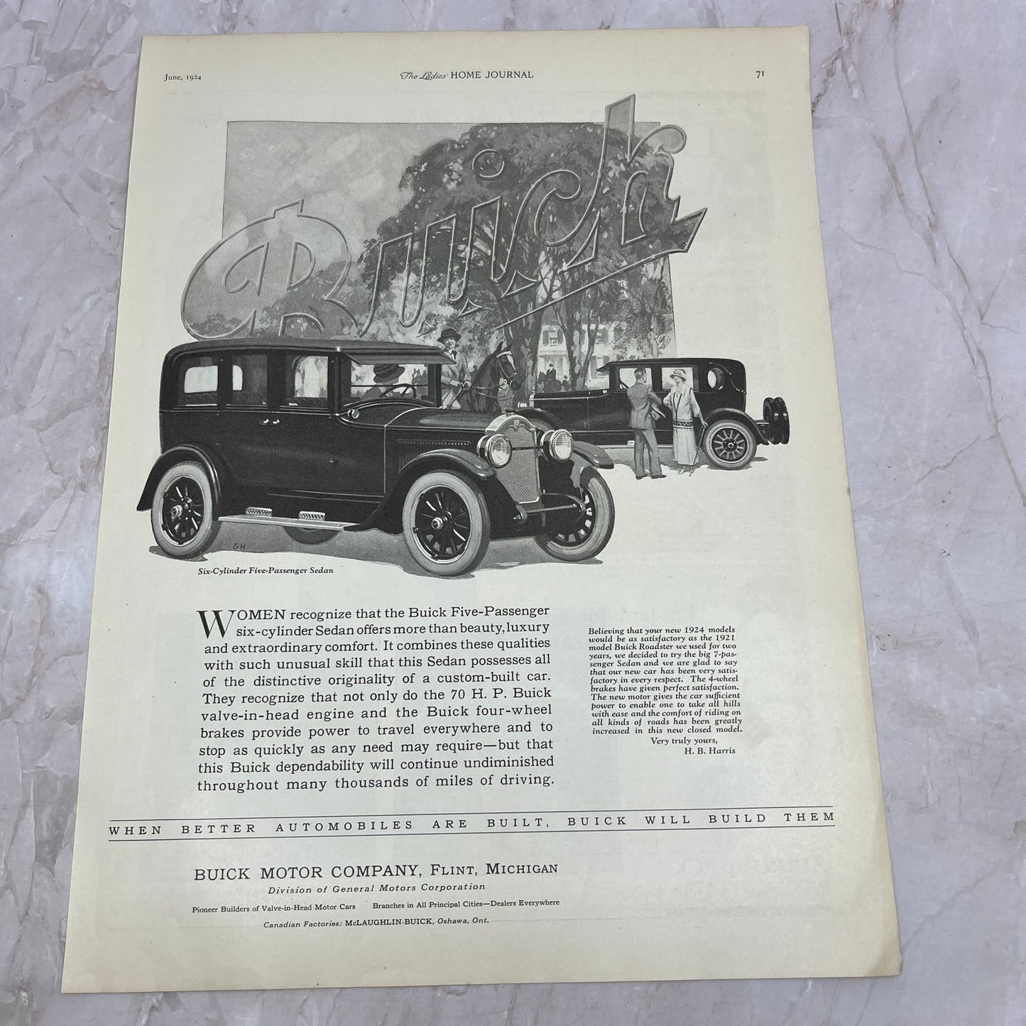 Buick 5 Passenger 70 HP Sedan Flint Michigan 1924 Magazine Ad FL6-11