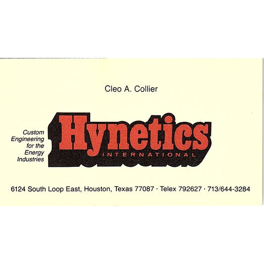 Hynetics International Cleo A. Collier Houston TX Vintage Business Card SF3-B5