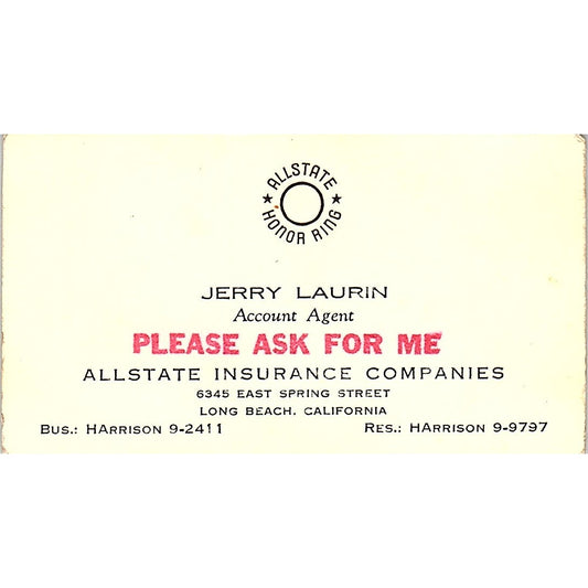 Jerry Laurin Allstate Honor Ring Long Beach CA Vintage Business Card SE3-B15