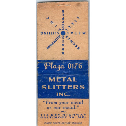 Metal Slitters Inc Baltimore MD Vintage Matchbook Cover SD2-Y13