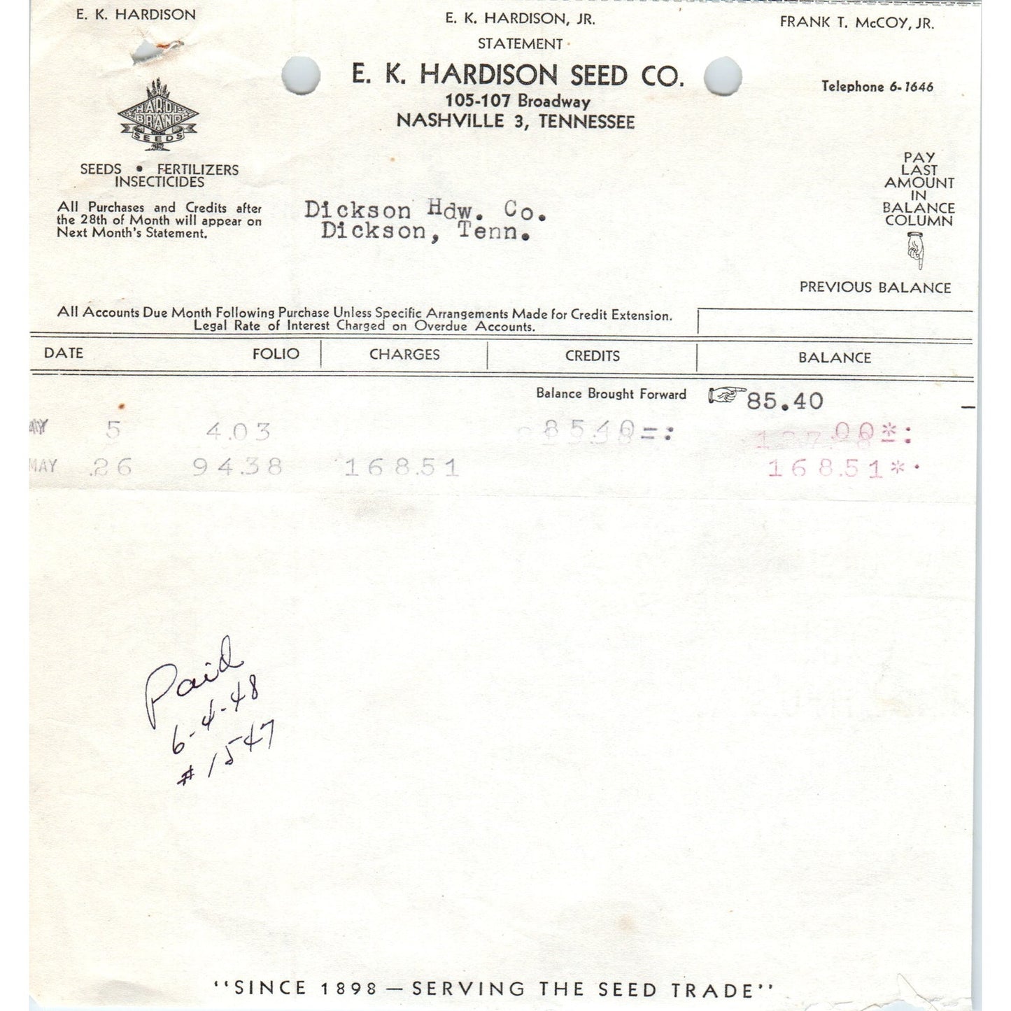 1948 E.K. Hardison Seed Co Nashville TN Letterhead Receipt D18