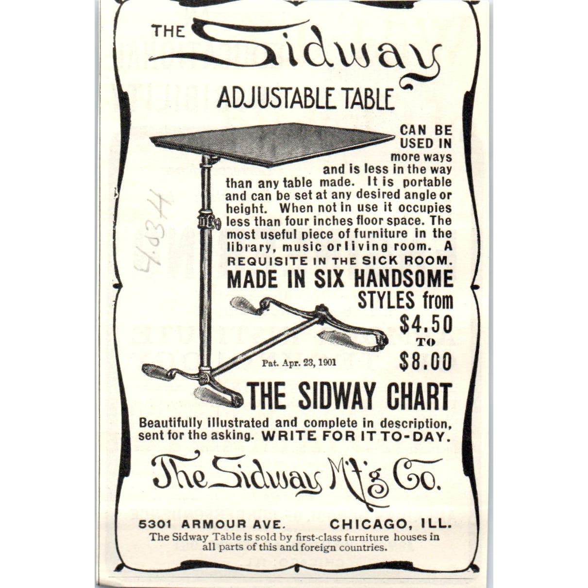 The Sidway Adjustable Table Chicago c1905 Original Magazine Advertisement AE7-A3