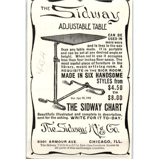 The Sidway Adjustable Table Chicago c1905 Original Magazine Advertisement AE7-A3