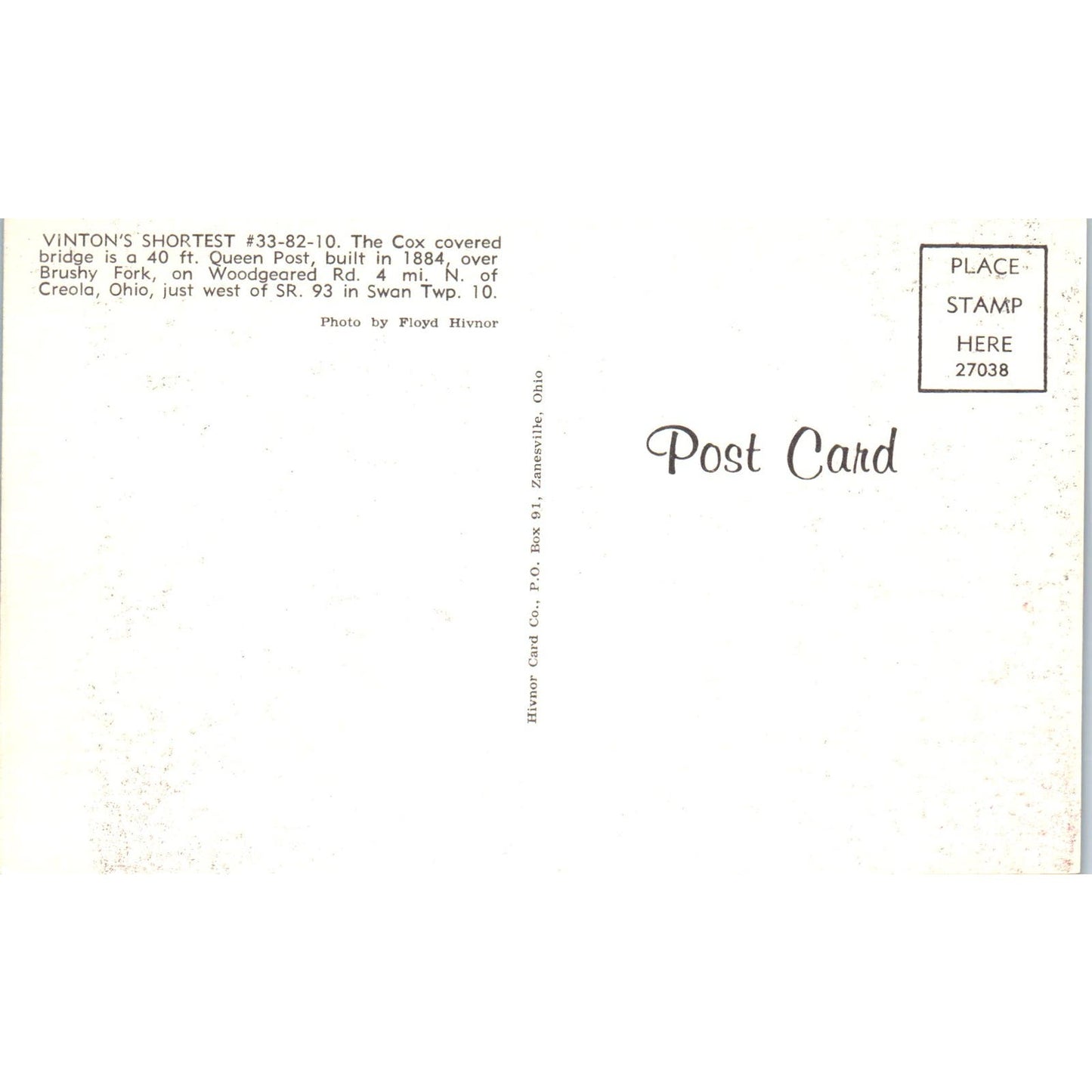 Cox Bridge Brushy Fork Creola Ohio Swan Twp Covered Bridge Postcard PC1