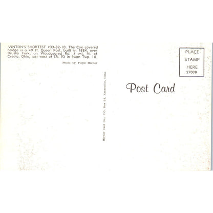 Cox Bridge Brushy Fork Creola Ohio Swan Twp Covered Bridge Postcard PC1