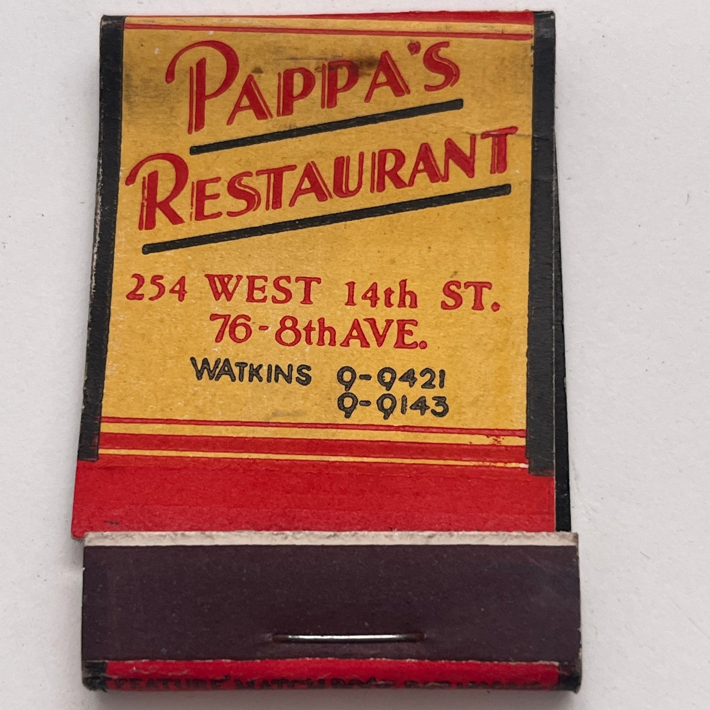 Pappa's Restaurant Greenwich Village Chelsea District Matchbook Cover TB8-MB-7