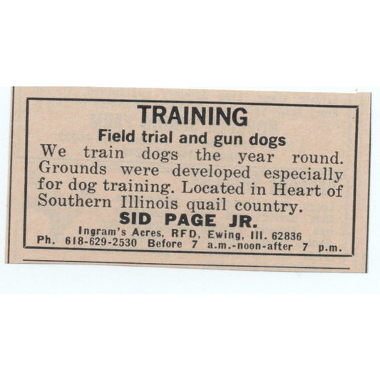 Sid Page Jr Dog Training Ingram's Acres Ewing IL 1977 Ad AF6-M4