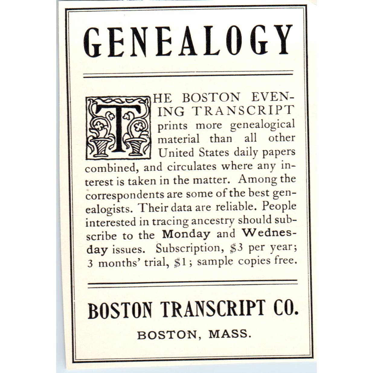 Genealogy - The Boston Transcript Co Boston MA c1905 Victorian Ad AE9-MA5