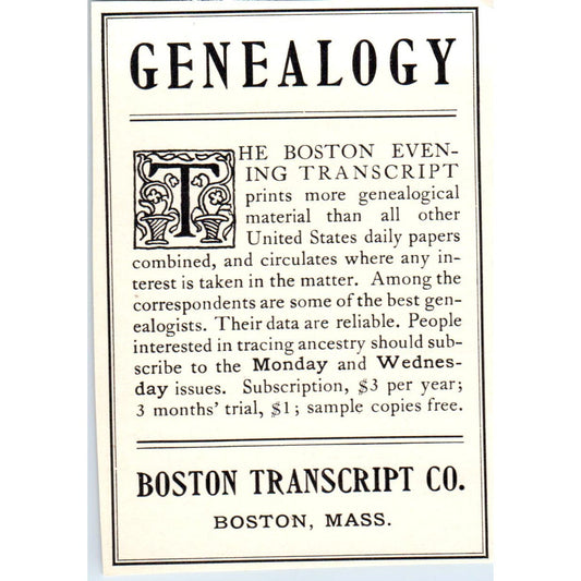 Genealogy - The Boston Transcript Co Boston MA c1905 Victorian Ad AE9-MA5