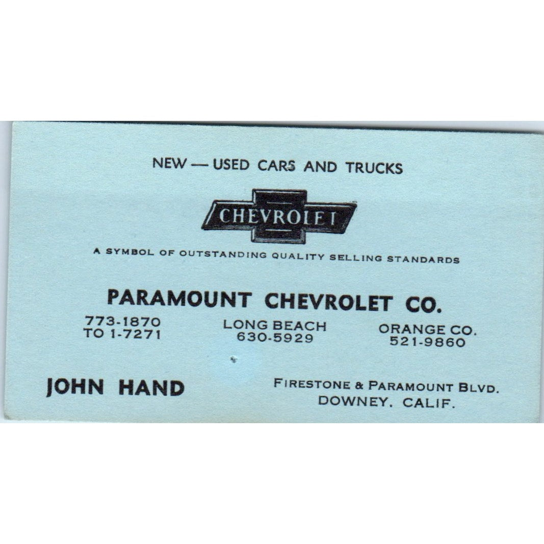John Hand Paramount Chevrolet Co Downey CA Vintage Business Card SE3-B7