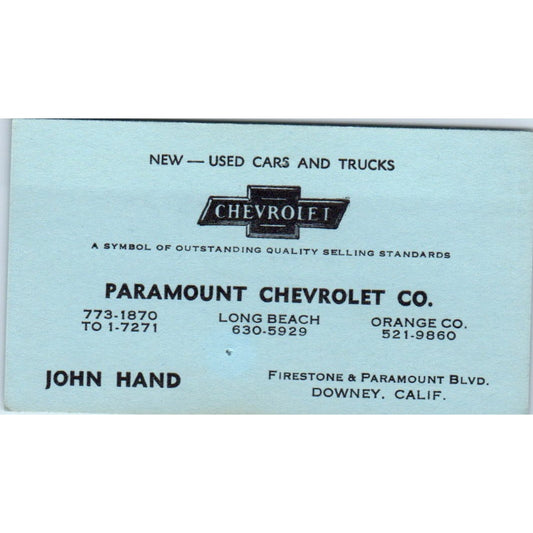 John Hand Paramount Chevrolet Co Downey CA Vintage Business Card SE3-B7