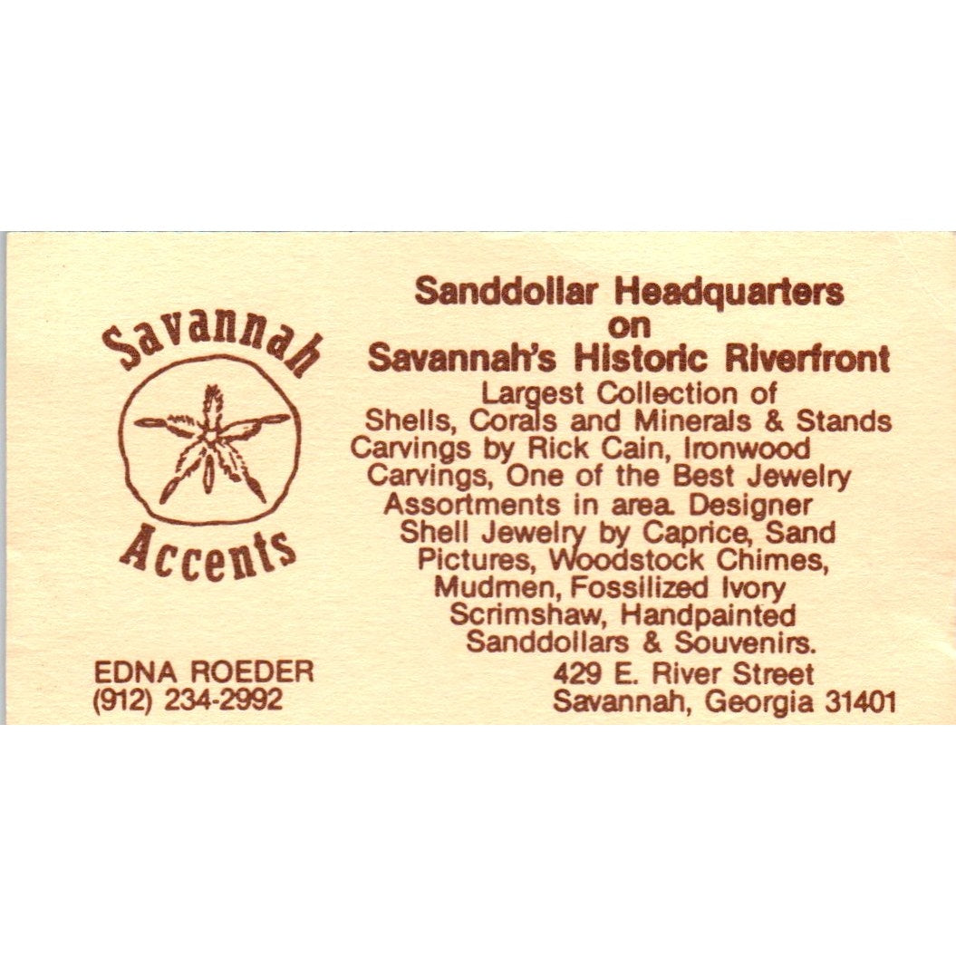 Edna Roeder Savannah Accents Sand Dollar Savannah GA Vtg Business Card SD8-B6