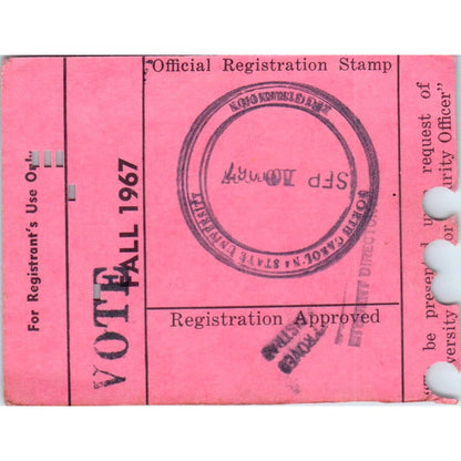 1967 Fall North Carolina State University Registration Stamped Card AF1