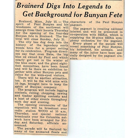 Brainerd MN Paul Bunyan Fete 1935 Newspaper Article AG6-M3