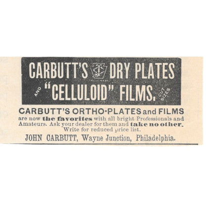 John Carbutt Dry Plates and Films Wayne Junction Philadelphia 1892 Ad AK6-S1