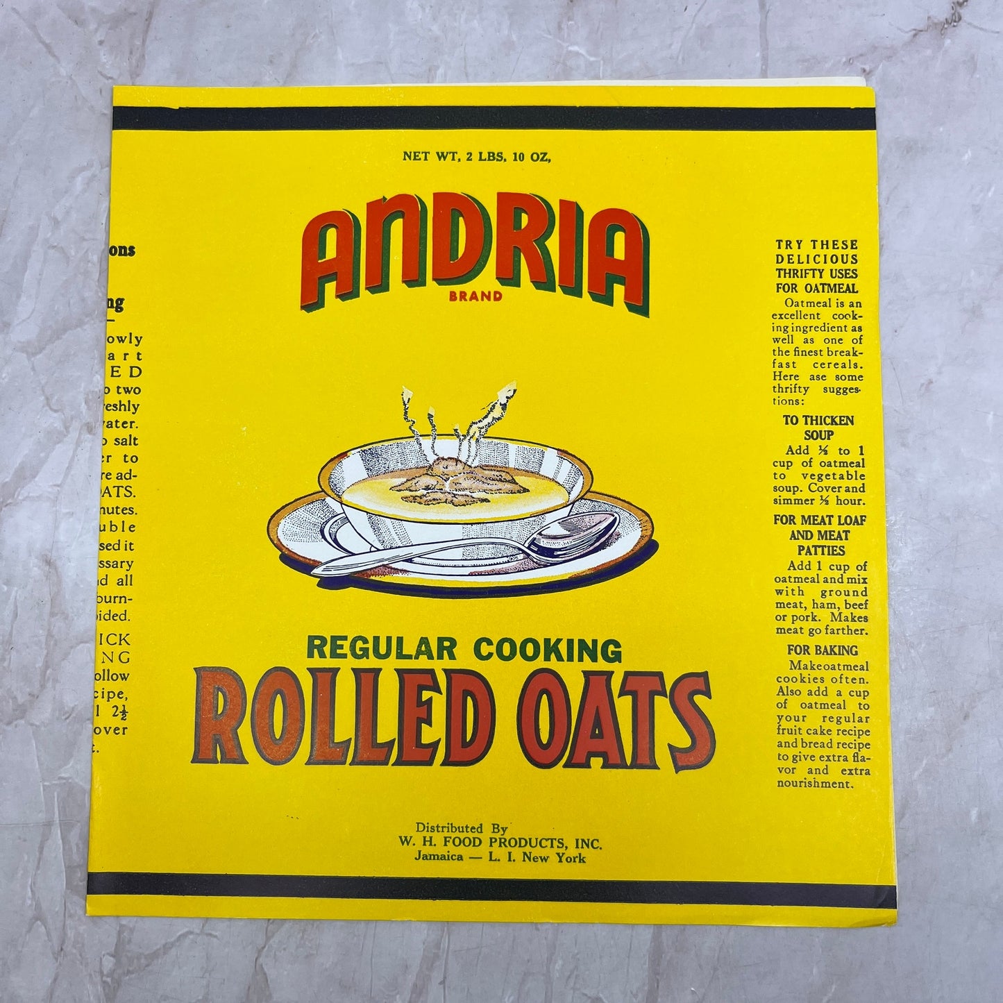 Andria Regular Rolled Oats Label W.H. Food Products Jamaica Long Island NY A19