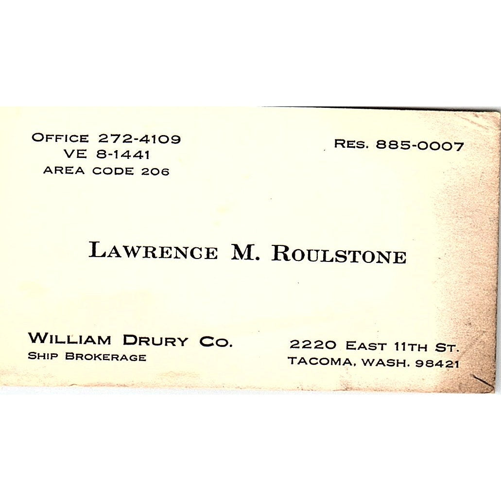 Lawrence M Roulstone William Drury Co Tacoma WA Vintage Business Card SD9-B9