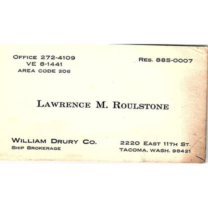 Lawrence M Roulstone William Drury Co Tacoma WA Vintage Business Card SD9-B9